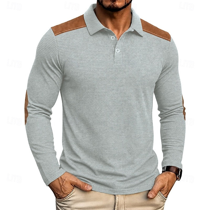 Kessoro men's textured colour-block long-sleeve polo shirt in blue, green, grey and burgundy tones, view 10