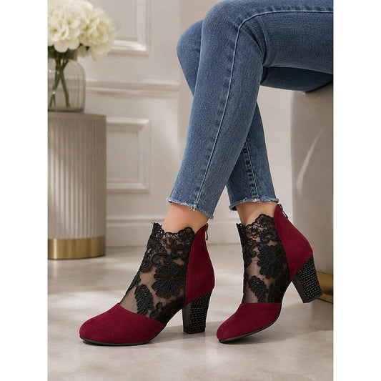 Kessoro women's floral lace block-heel ankle boots in wine, black and yellow