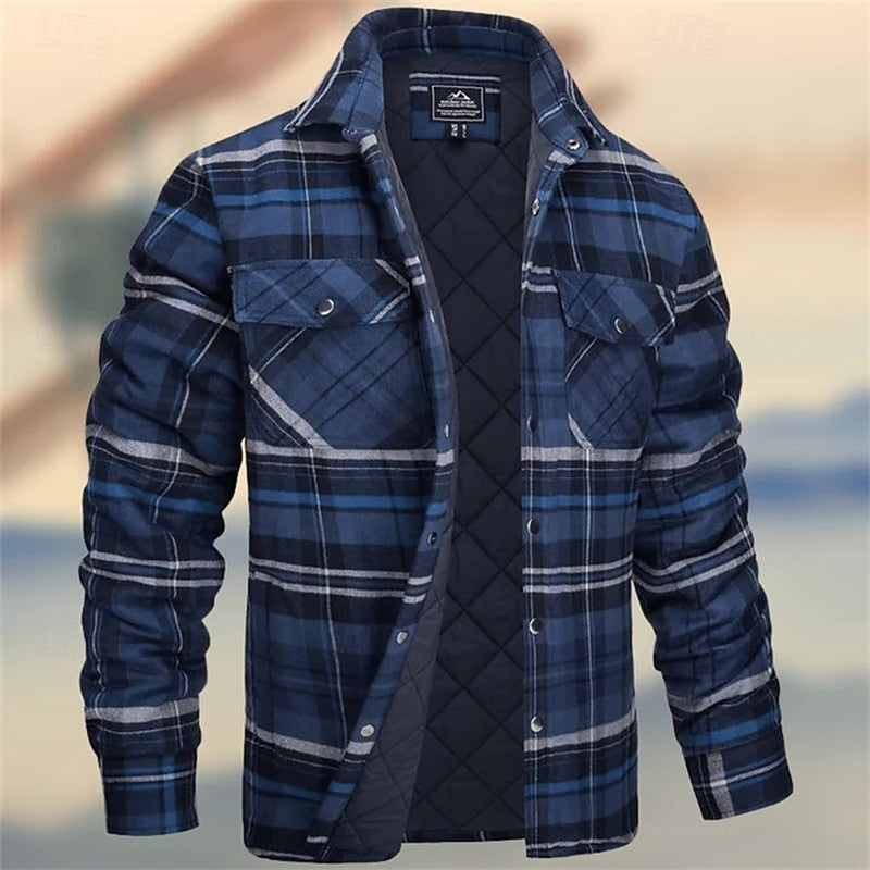 Kessoro men's quilted plaid flannel shirt jacket in orange, khaki, green, burgundy, navy, white and sky blue - product view 5
