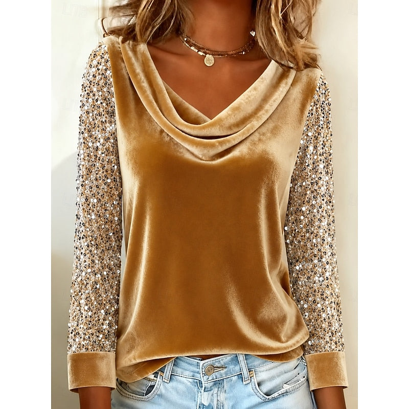 Kessoro women's shimmer-sleeve cowl neck top in gold, black, red, pink and purple – image 1 of 5