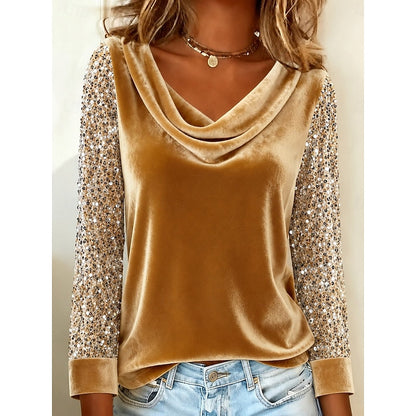 Kessoro women's shimmer-sleeve cowl neck top in gold, black, red, pink and purple – image 1 of 5