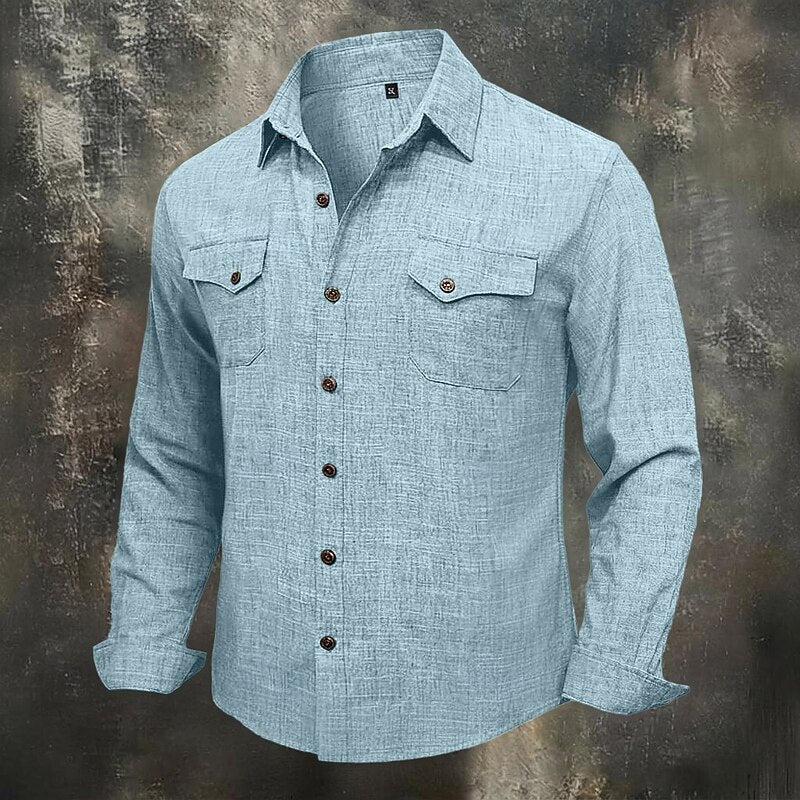 Kessoro men's relaxed-fit flap-pocket utility shirt in blue, grey, beige and pink tones, view 1