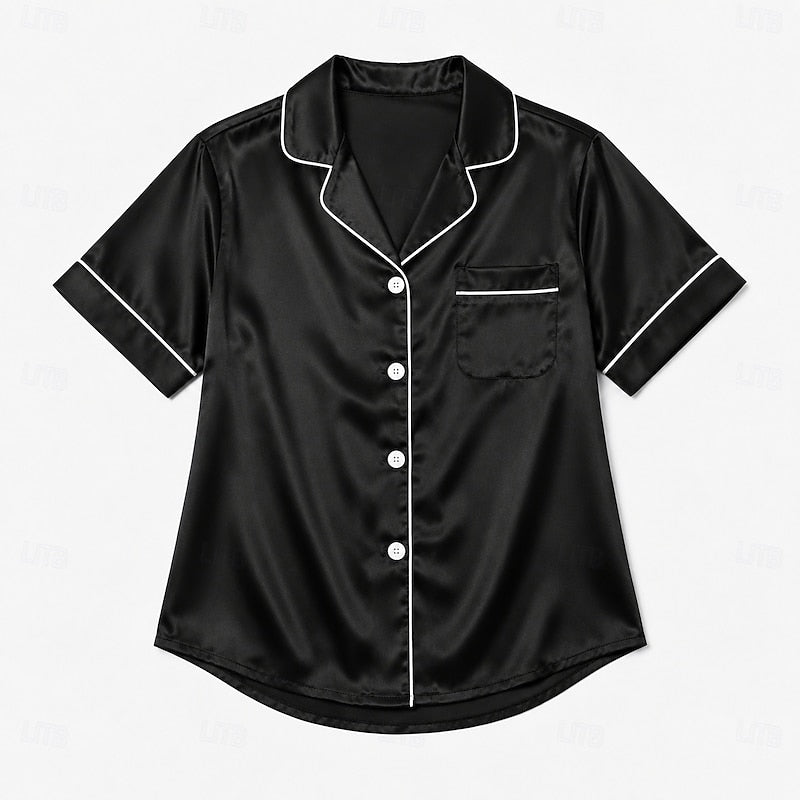 Kessoro women's button-front top and shorts two-piece lounge set in black and champagne - view 3