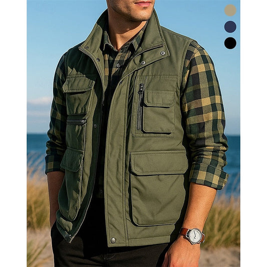 Kessoro men's rugged multi-pocket utility vest in black, army green, khaki and navy, view 1