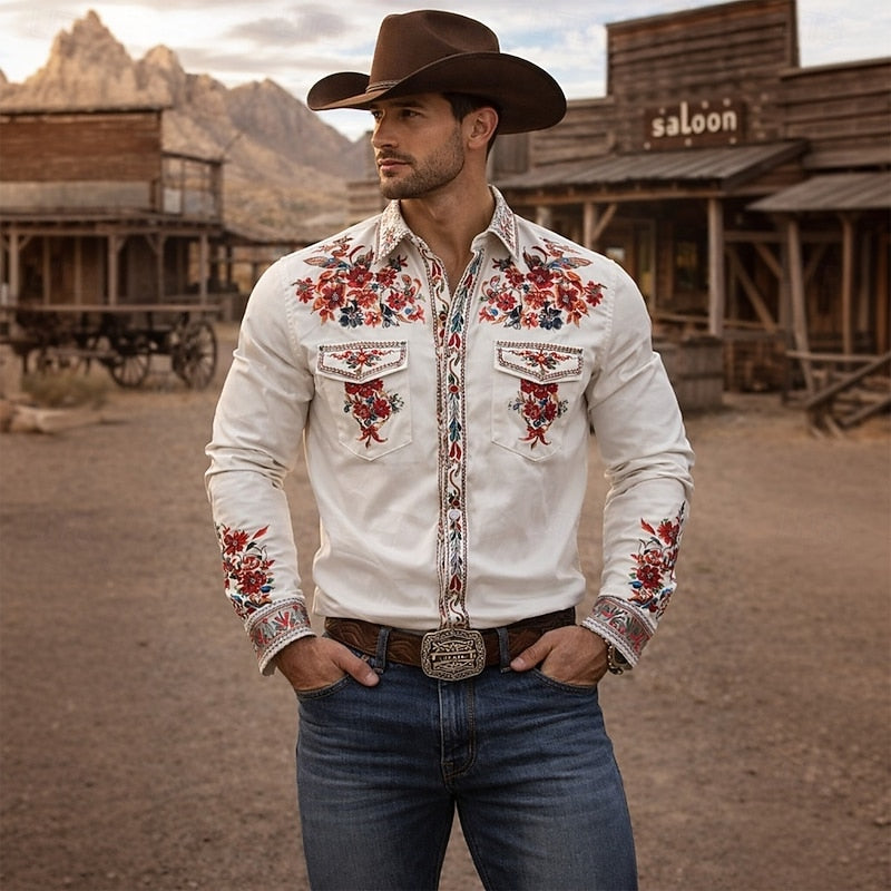 Kessoro men's floral embroidered western button-up shirt in beige and pink