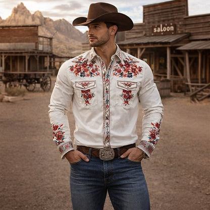Kessoro men's floral embroidered western button-up shirt in beige and pink