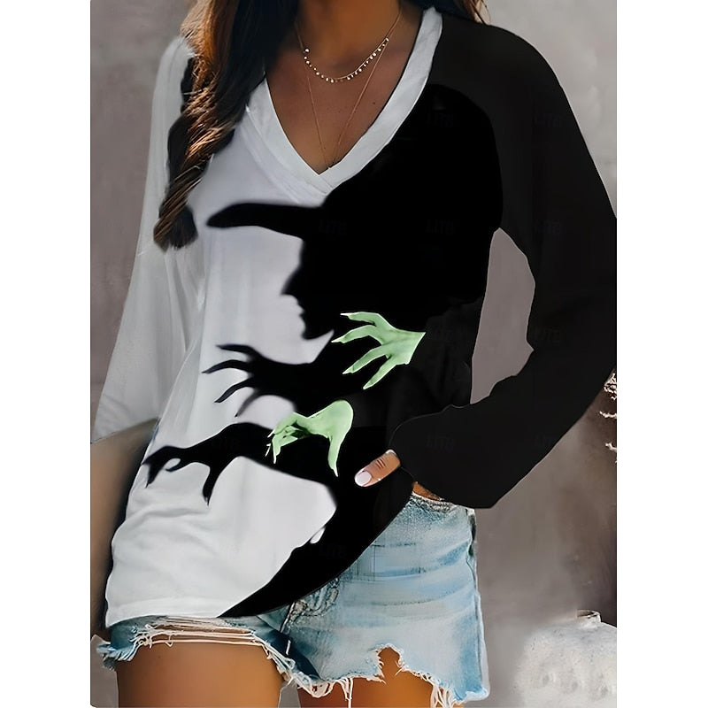 Kessoro Dark Gray Halloween graphic V-neck long-sleeve top for women
