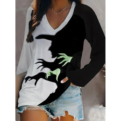 Kessoro Dark Gray Halloween graphic V-neck long-sleeve top for women