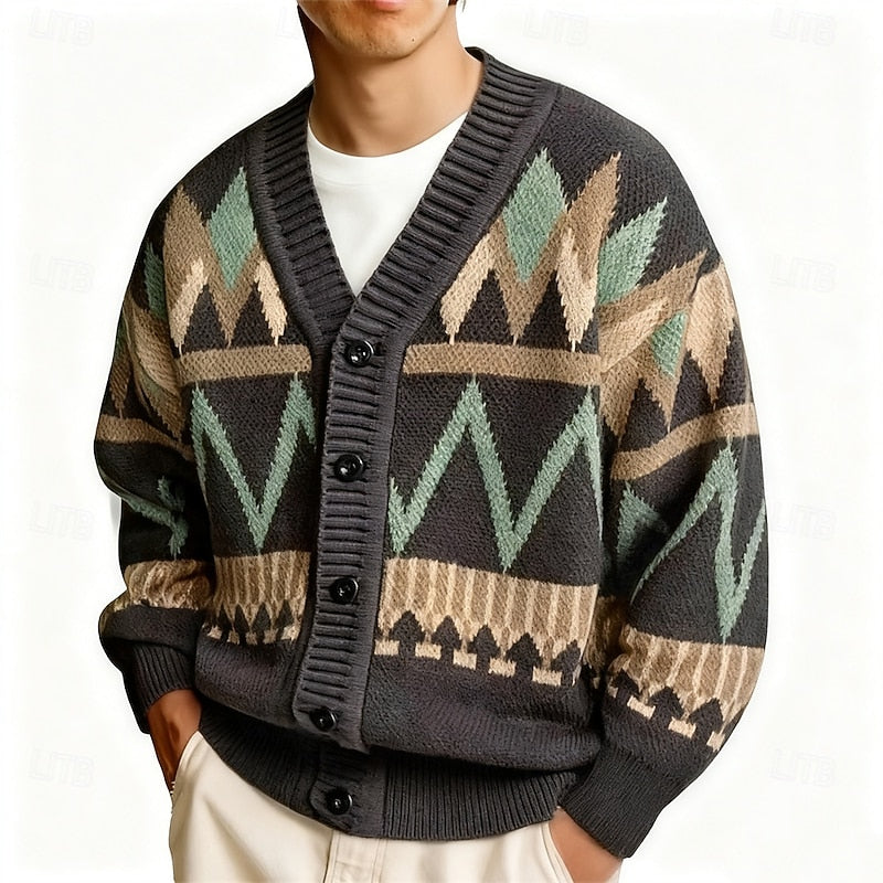 Kessoro geometric pattern V-neck button cardigan for men in Gray, view 3