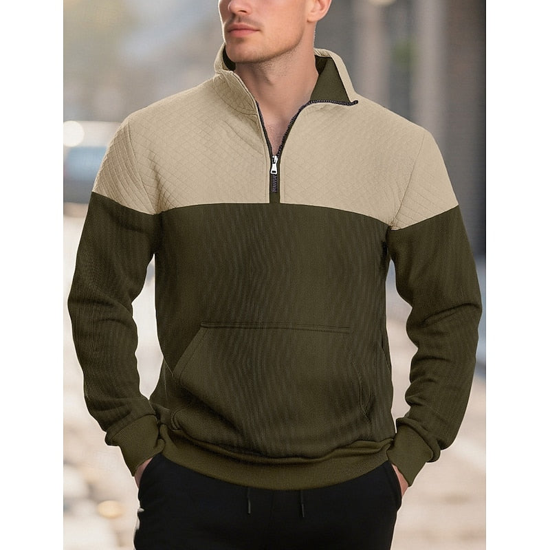 Kessoro men's textured quarter-zip color block sweatshirt in grey, army green, navy and khaki