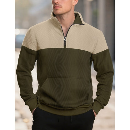 Kessoro men's textured quarter-zip color block sweatshirt in grey, army green, navy and khaki