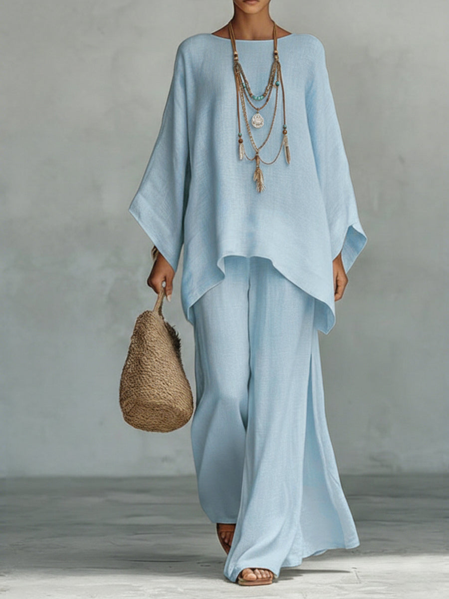 Kessoro women's oversized linen wide leg two piece set in white, light blue, red, navy and black