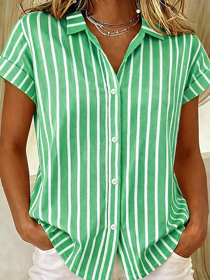 Kessoro Women's striped short-sleeve button-front blouse in blue, pink, green and more, view 3