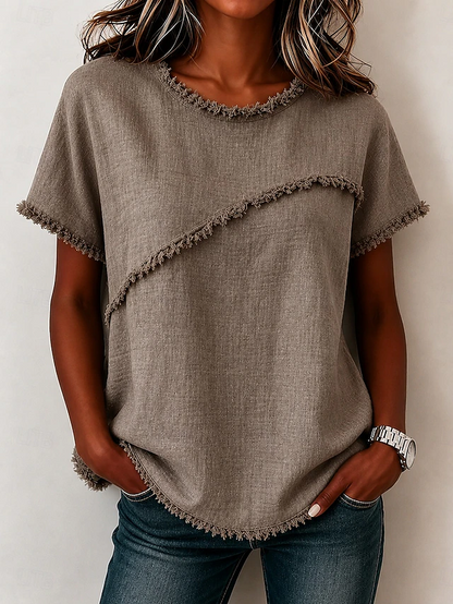 Kessoro women's frayed-trim round neck short-sleeve top in neutral and pastel shades