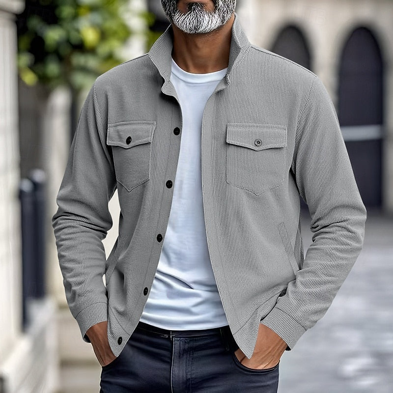 Kessoro Men's Ribbed Lapel-Collar Utility Jacket in apricot, black, army green and more colours, image 14 of 16.