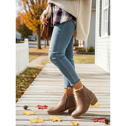 Kessoro women's cutout side-zip low block heel ankle boots in brown, khaki, black and blue - view 6
