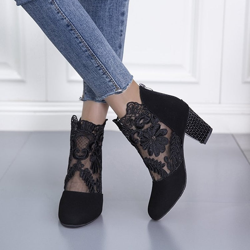 Kessoro women's floral lace block-heel ankle boots in wine, black and yellow