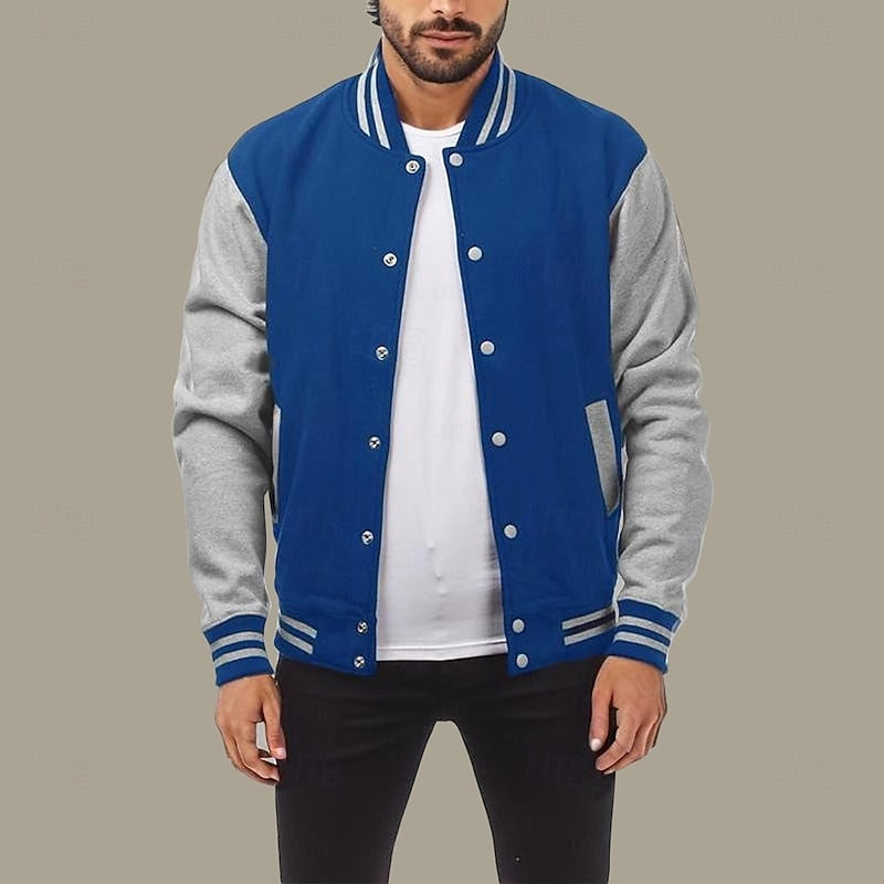 Kessoro men's classic ribbed-trim varsity jacket in light grey, royal blue, black and navy blue – image 3 of 12