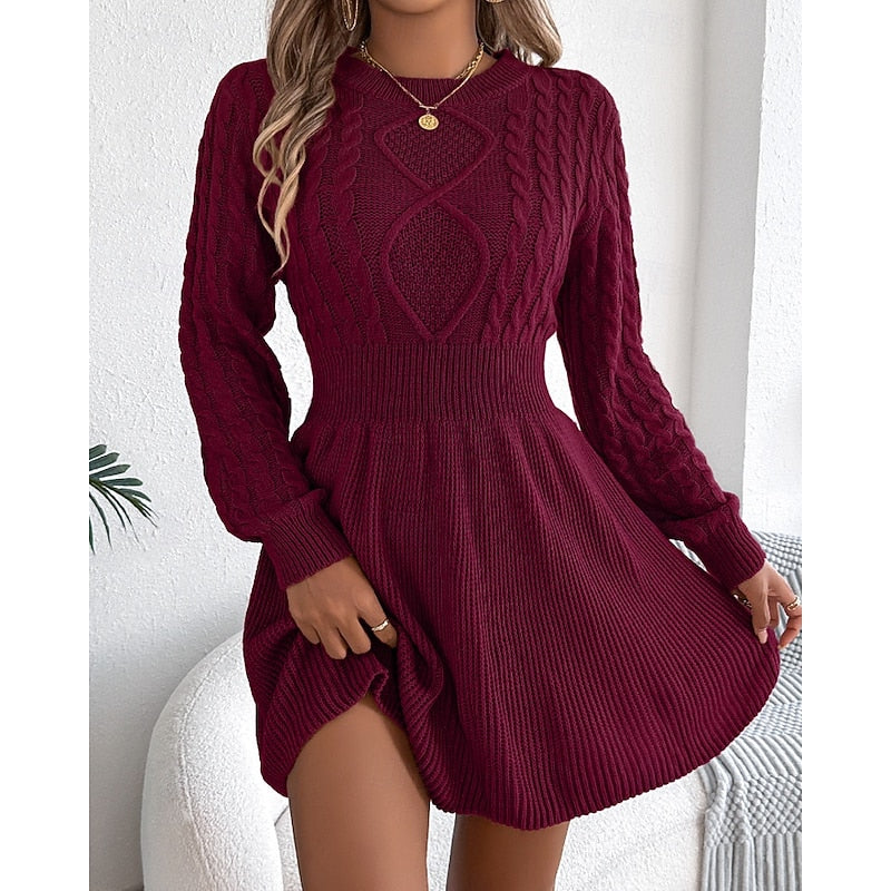 Kessoro women's cable-knit crew-neck sweater dress with a defined waist and flared skirt