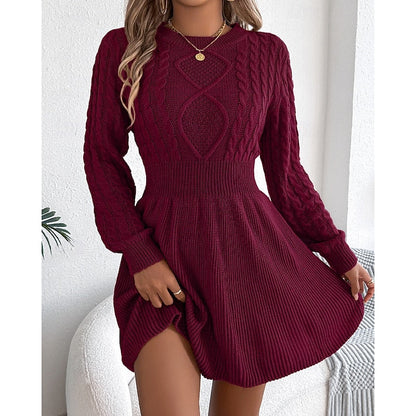 Kessoro women's cable-knit crew-neck sweater dress with a defined waist and flared skirt