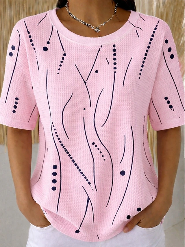 Kessoro Women's waffle textured round neck short-sleeve top in white, green, pink and more, view 2