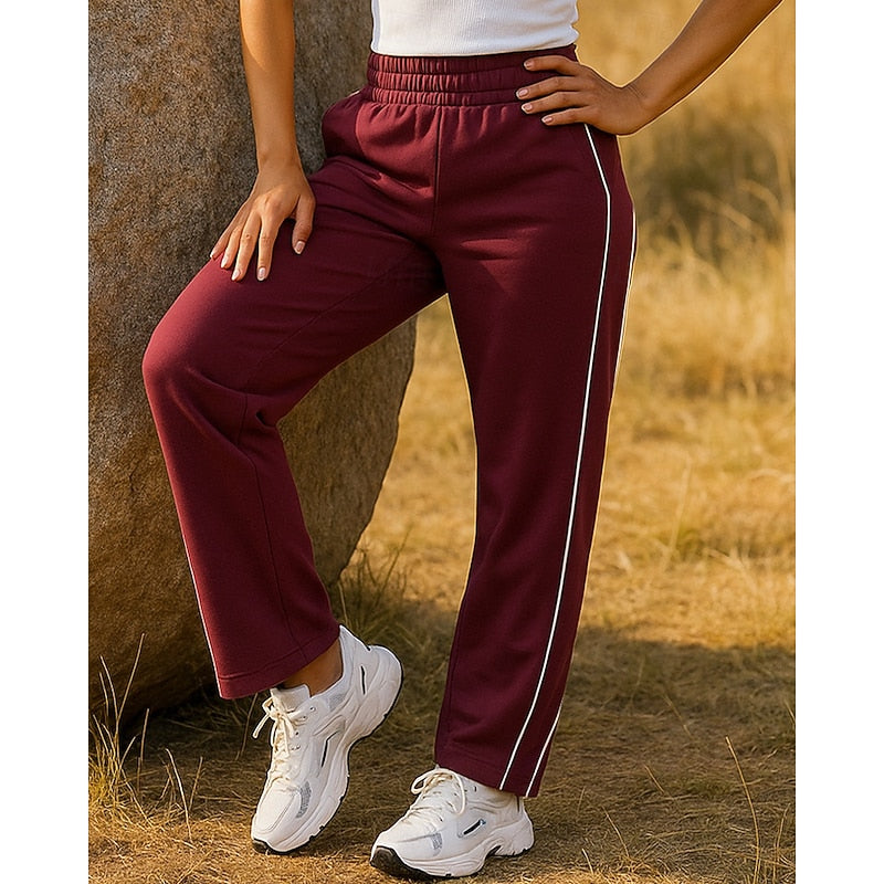 Kessoro women's relaxed side-stripe straight-leg joggers in wine, black or pink