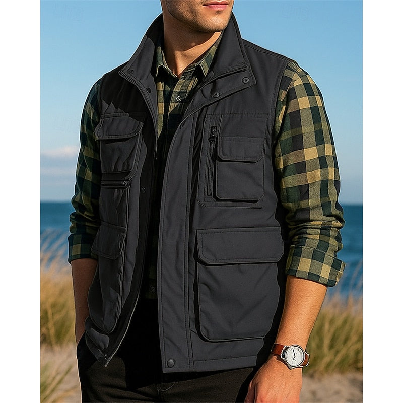 Kessoro men's rugged multi-pocket utility vest in black, army green, khaki and navy, view 3