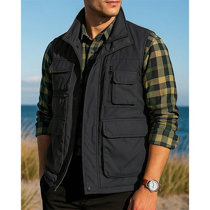 Kessoro men's rugged multi-pocket utility vest in black, army green, khaki and navy, view 3