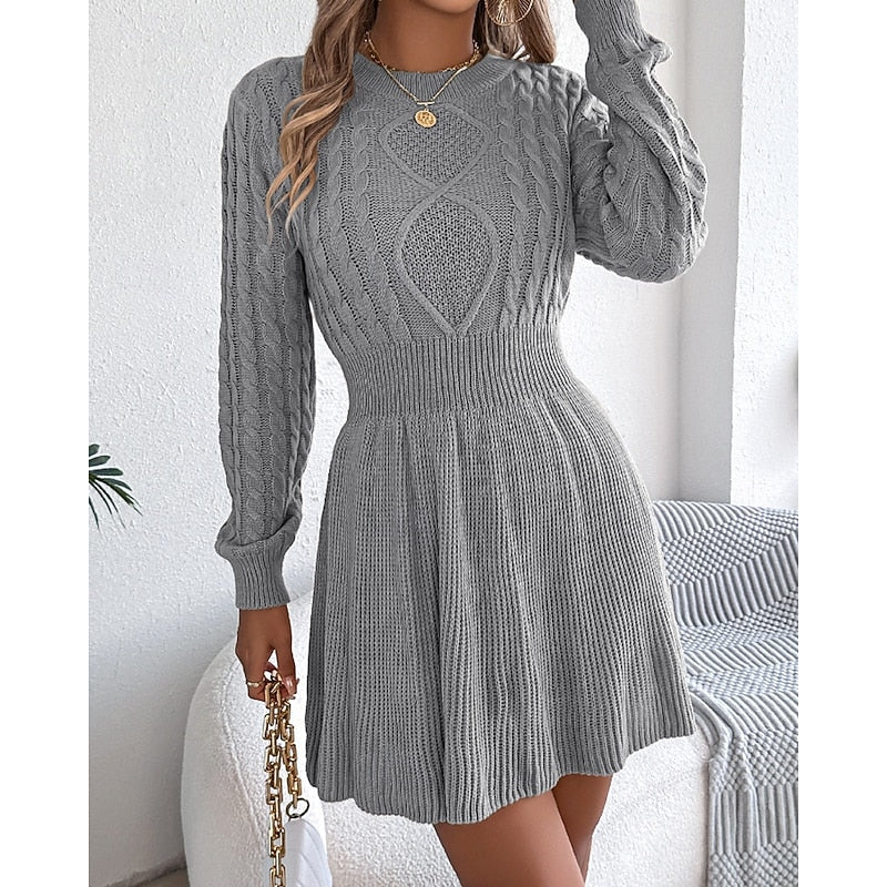 Kessoro women's cable-knit crew-neck sweater dress with a defined waist and flared skirt