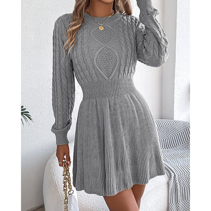 Kessoro women's cable-knit crew-neck sweater dress with a defined waist and flared skirt