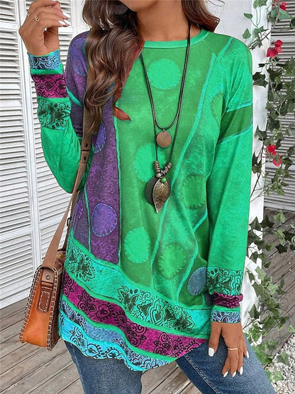 Kessoro Women's vintage print long-sleeve crew neck tunic top in red, purple and green, view 3
