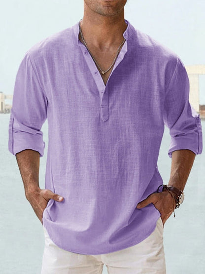 Men's breathable tailored button-up shirt in a neutral and pastel colour range, shown for menswear styling