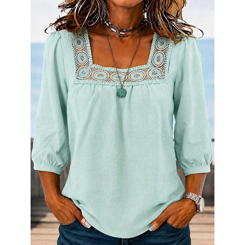 Kessoro Women's Square-Neck Lace-Trim Blouse in sky blue, dark blue, black and more colours, image 4 of 5.