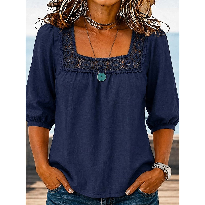 Kessoro Women's Square-Neck Lace-Trim Blouse in sky blue, dark blue, black and more colours, image 2 of 5.