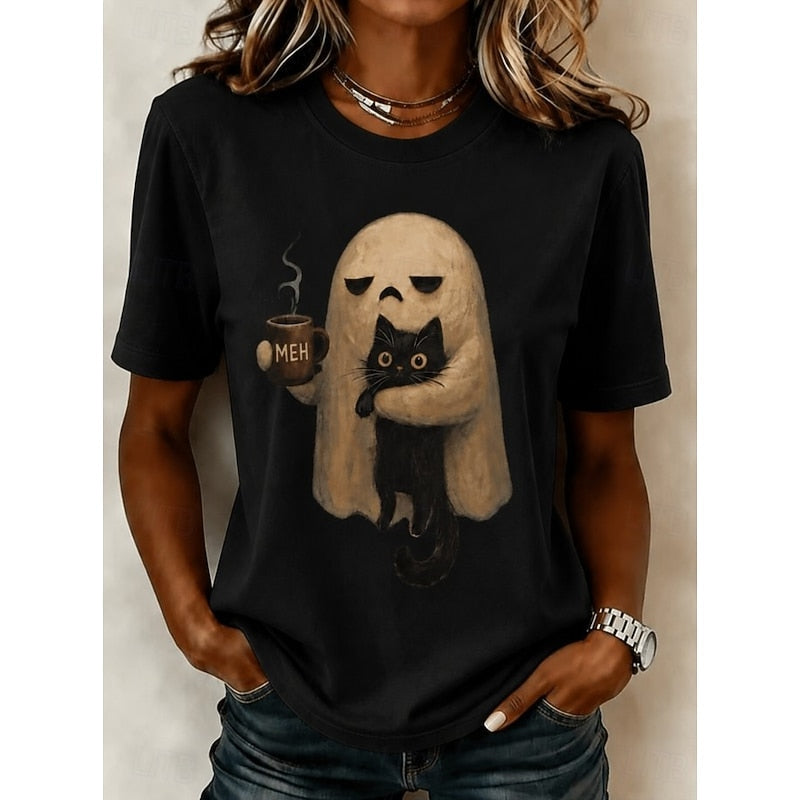 Kessoro Black Halloween ghost and cat print crew neck T-shirt for women