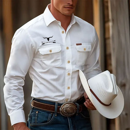 Kessoro men's classic western long-sleeve shirt in white and black, men's shirts — view 1 of 3