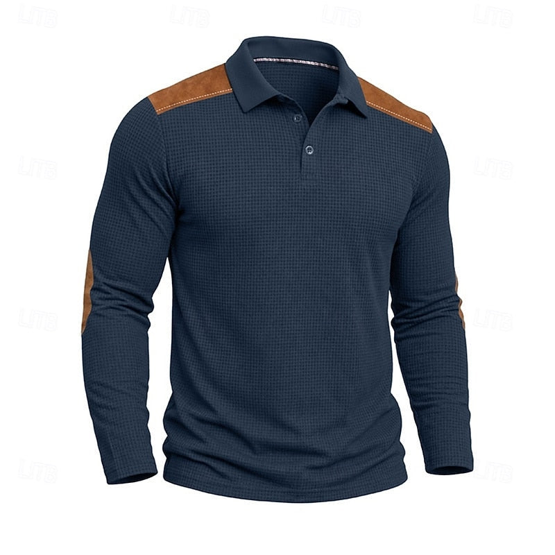 Kessoro men's textured colour-block long-sleeve polo shirt in blue, green, grey and burgundy tones, view 3