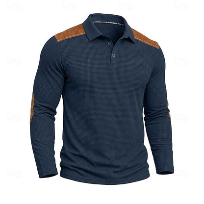 Kessoro men's textured colour-block long-sleeve polo shirt in blue, green, grey and burgundy tones, view 3