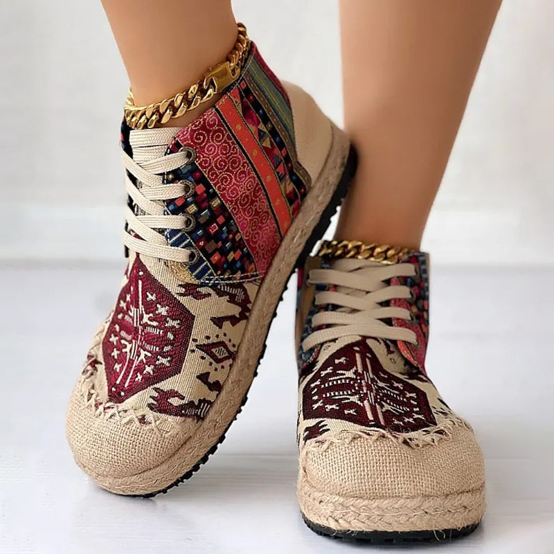 Kessoro women's boho woven pattern platform high-top sneakers in red and blue - view 9