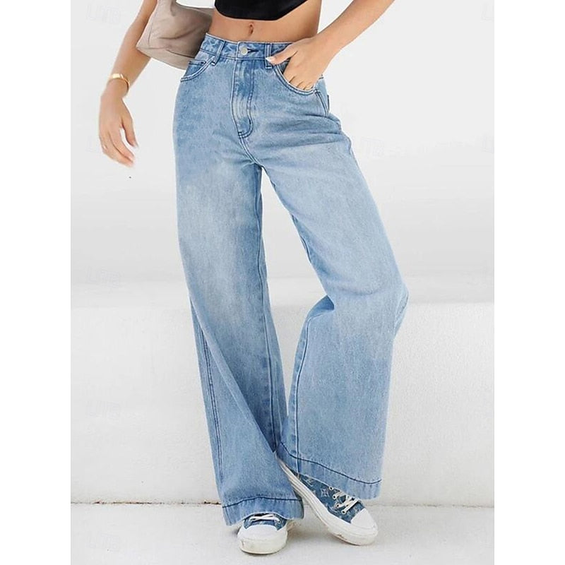 Kessoro women's high-waisted relaxed wide-leg jeans in classic blue denim washes