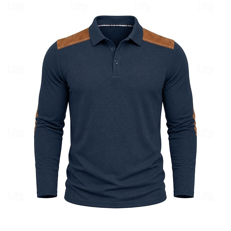 Kessoro men's textured colour-block long-sleeve polo shirt in blue, green, grey and burgundy tones, view 2