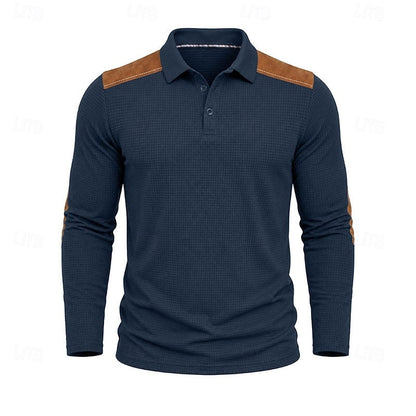 Kessoro men's textured colour-block long-sleeve polo shirt in blue, green, grey and burgundy tones, view 2