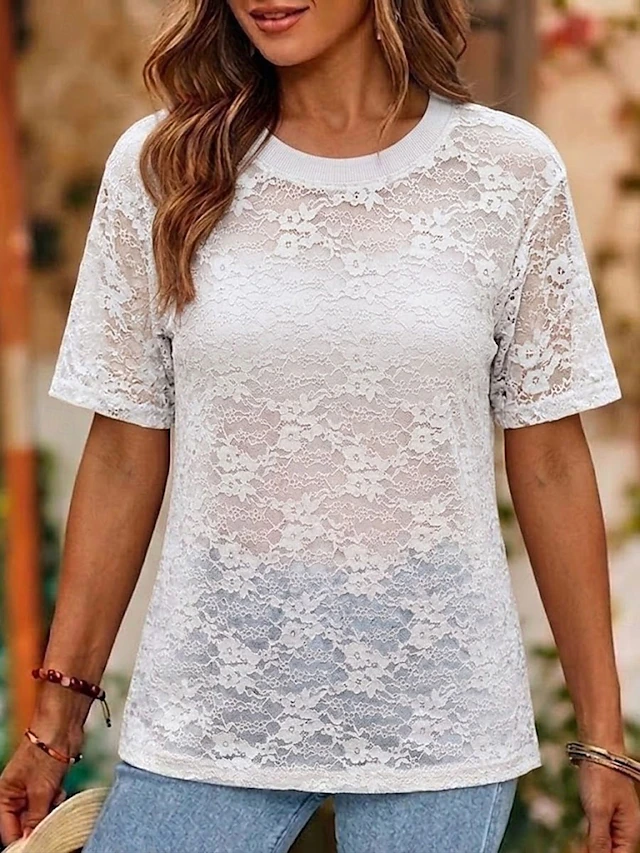 Kessoro Women's floral openwork round neck short-sleeve top in white, black and pink, view 3