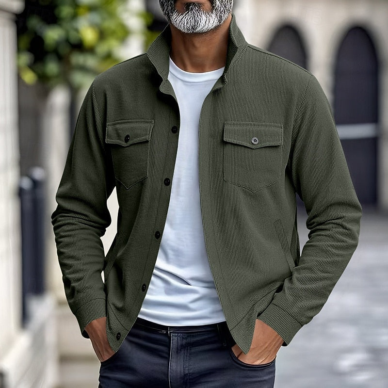 Kessoro Men's Ribbed Lapel-Collar Utility Jacket in apricot, black, army green and more colours, image 8 of 16.