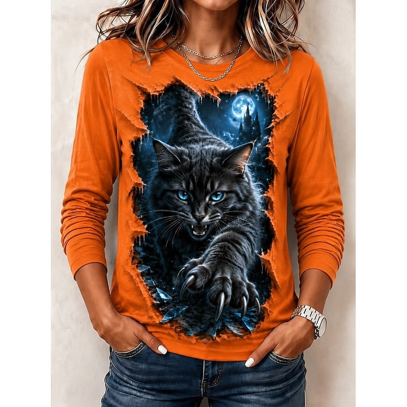 Kessoro Orange Halloween graphic print crew neck top for women