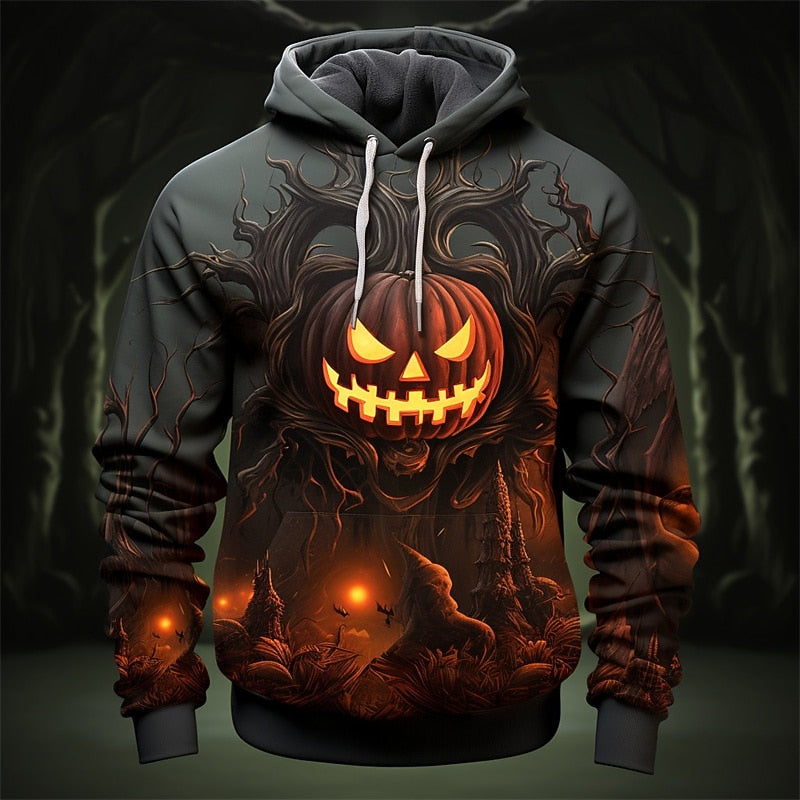 Kessoro Orange Halloween pumpkin and forest print pullover hoodie for men and women