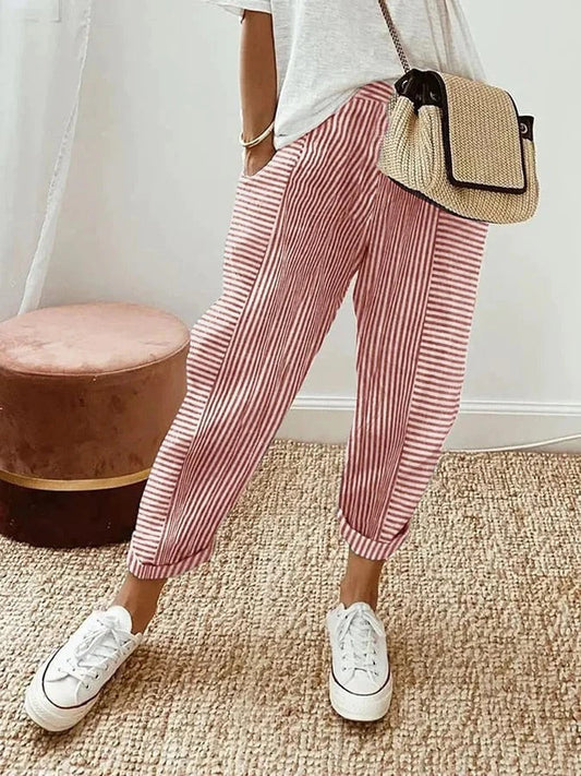 Women's relaxed striped lightweight summer trousers in six colourways, shown for womenswear styling