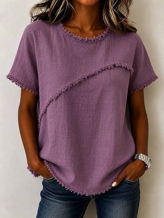 Kessoro women's frayed-trim round neck short-sleeve top in neutral and pastel shades