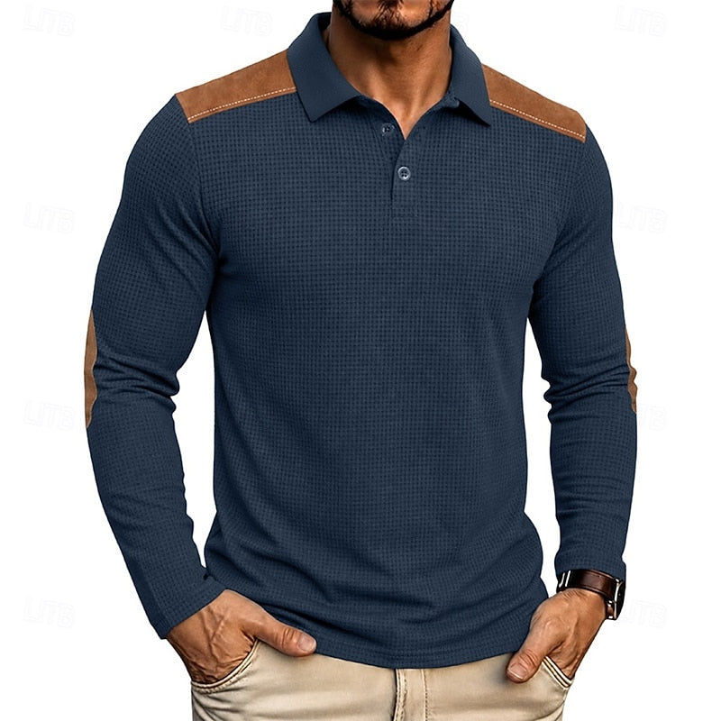 Kessoro men's textured colour-block long-sleeve polo shirt in blue, green, grey and burgundy tones, view 1