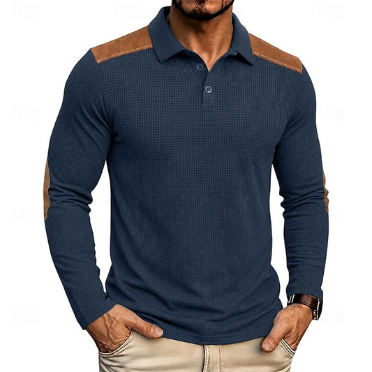 Kessoro men's textured colour-block long-sleeve polo shirt in blue, green, grey and burgundy tones, view 1